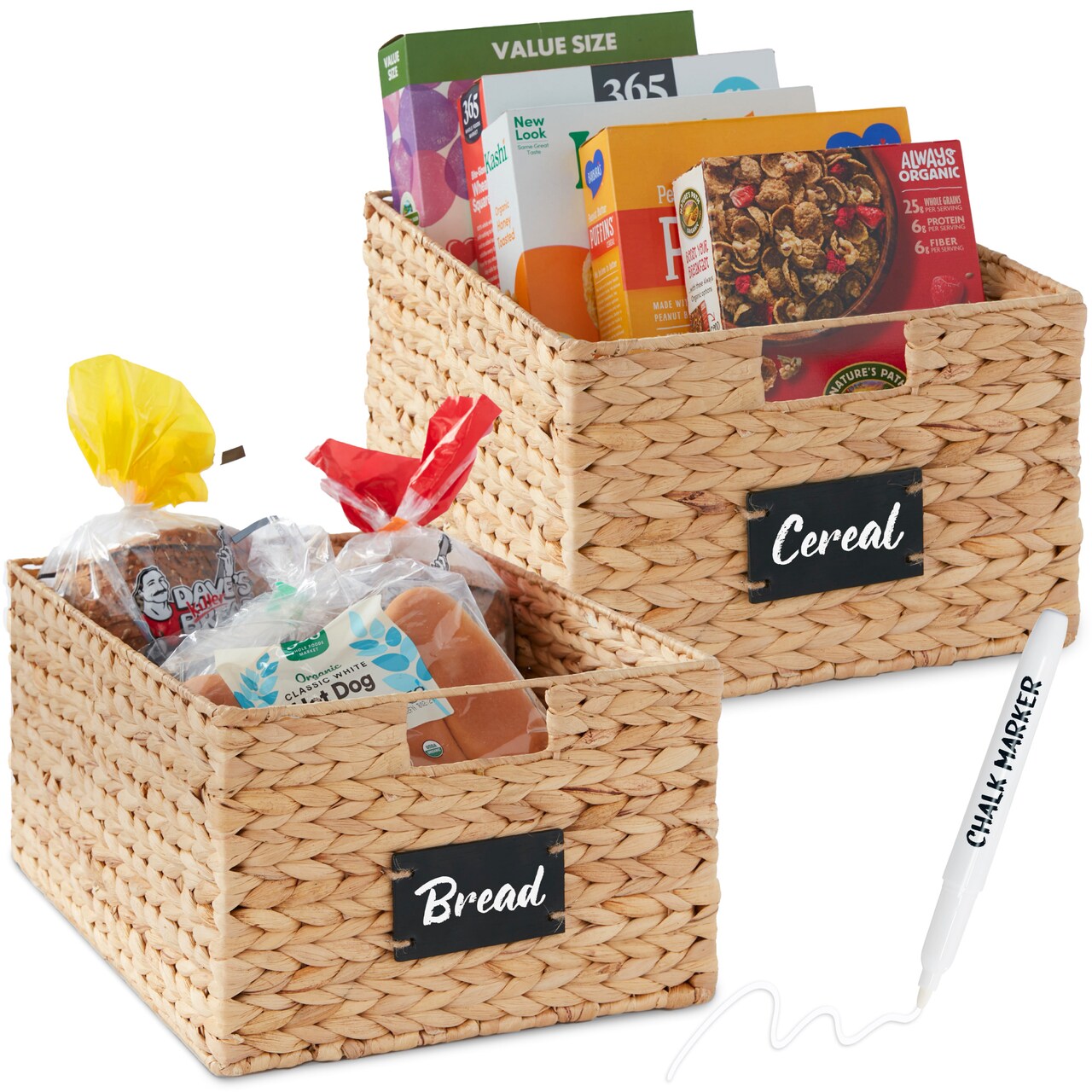 Best Choice Products Set of 2 16in Woven Water Hyacinth Pantry Baskets w/ Chalkboard Label, Chalk Marker